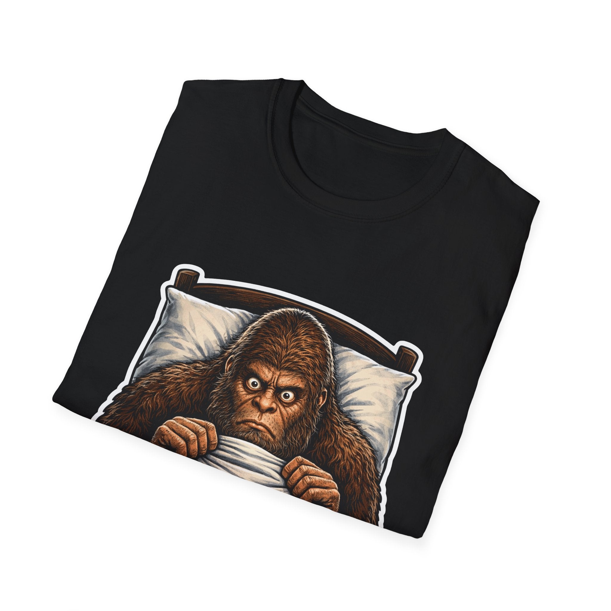 Still Not Blurry Funny Bigfoot In Bed T-Shirt | Cryptid Companions Collection by PetPulse