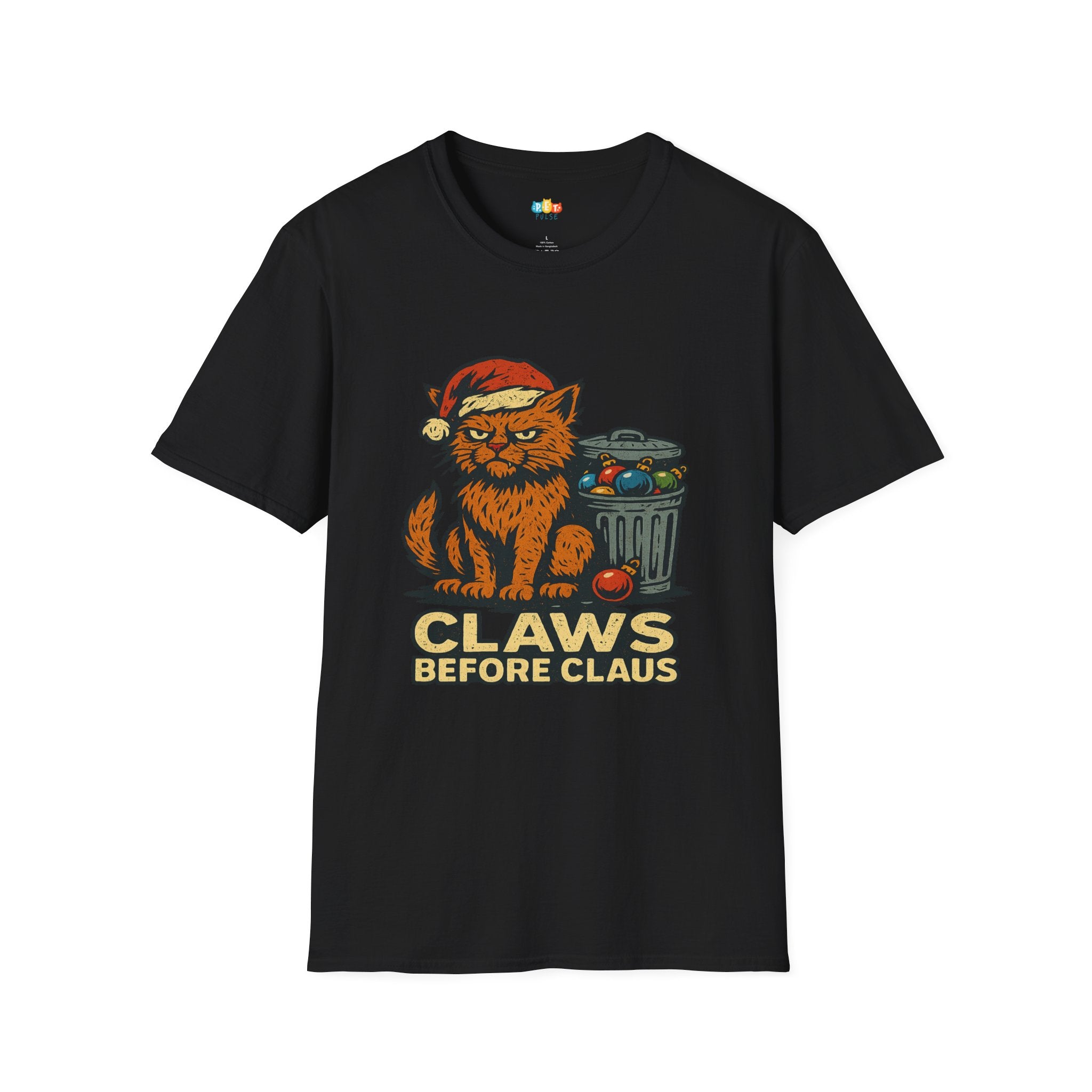 Claws Before Claus Christmas T-Shirt - Funny Feral Cat Santa Hat Ornament Destroyer Vintage Xmas Tee