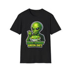 Green Skinned Green Diet Funny Alien Eating Salad T-Shirt | Cosmic Encounters Collection by PetPulse