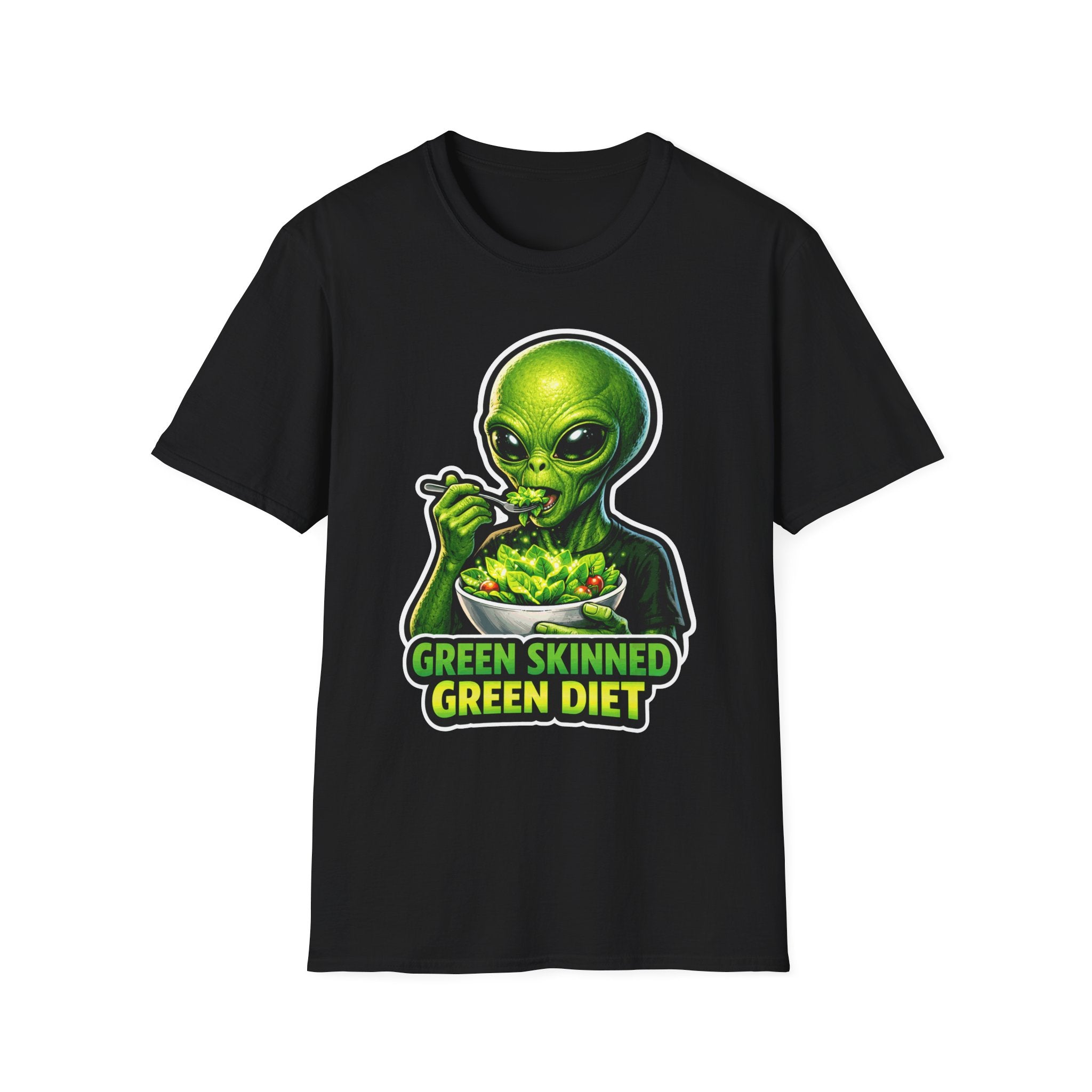 Green Skinned Green Diet Funny Alien Eating Salad T-Shirt | Cosmic Encounters Collection by PetPulse