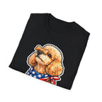 A Treat for Liberty Patriotic Poodle T-Shirt | Apricot Poodle Balancing Biscuit American Flag Bandana Graphic Tee | Uncle Sam Pups