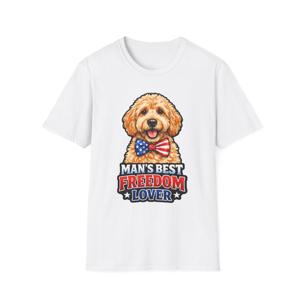 Man's Best Freedom Lover Patriotic Goldendoodle T-Shirt | Patriotic Doodle American Flag Bow Tie Graphic Tee | Uncle Sam Pups