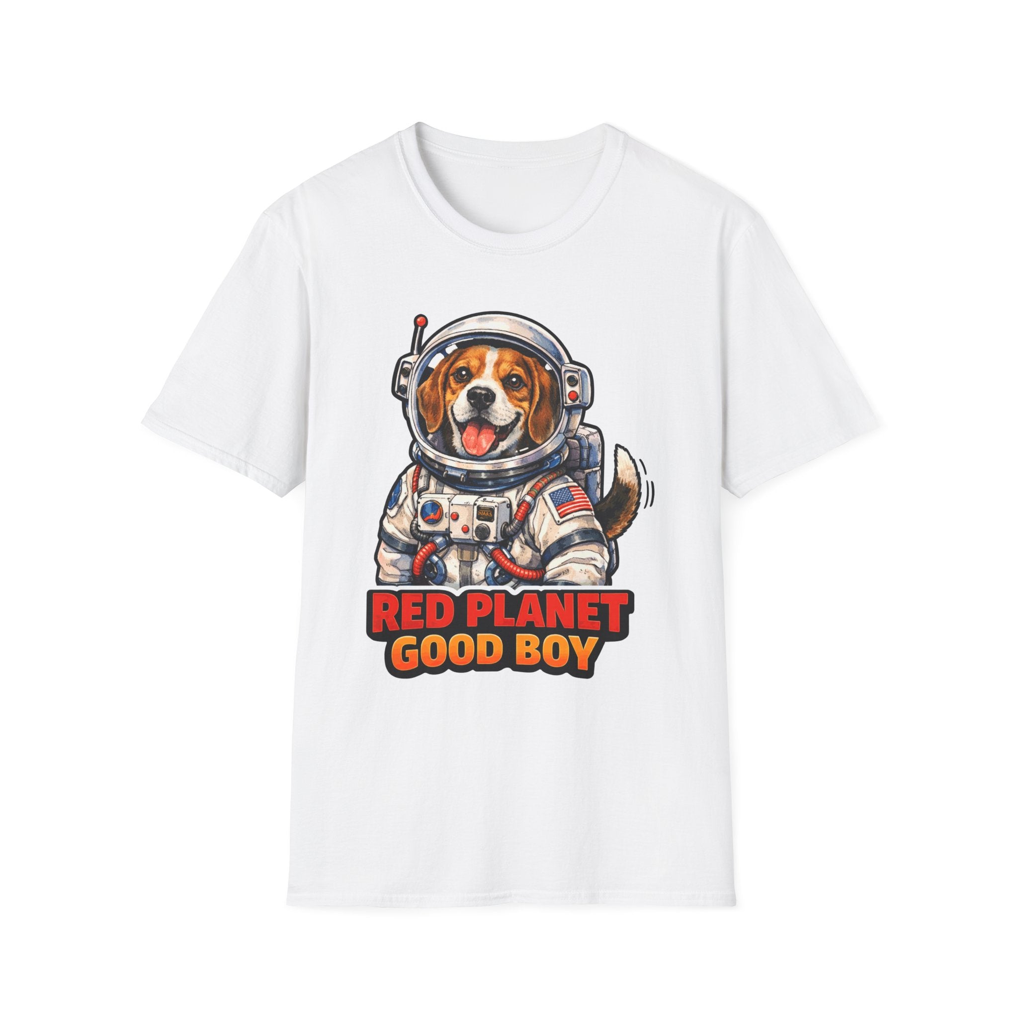 Red Planet Good Boy Funny Beagle Astronaut T-Shirt | Cosmic Encounters Collection by PetPulse