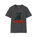 Feline Festive Christmas T-Shirt - Black Cat Holiday Wreath Vintage Christmas Spirit Xmas Tee