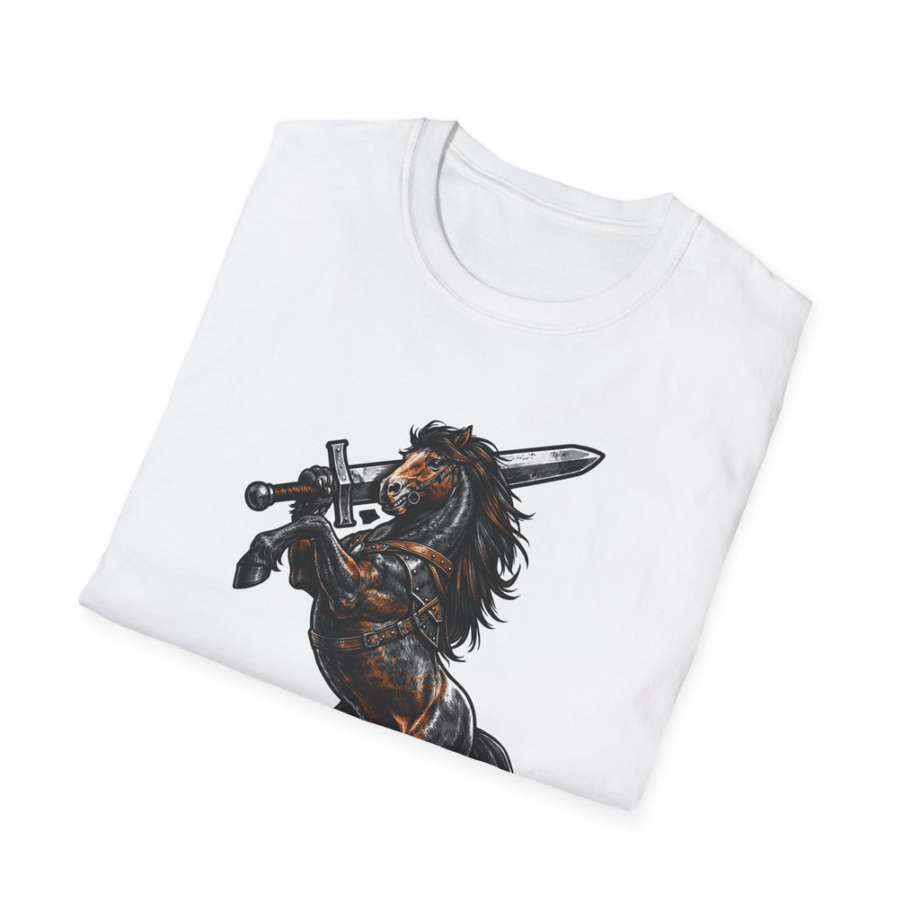 Unbridled Steel Action Hero Horse T-Shirt | Medieval Warrior Sword-Wielding Horse Graphic Tee | Mane Event Collection by PetPulse