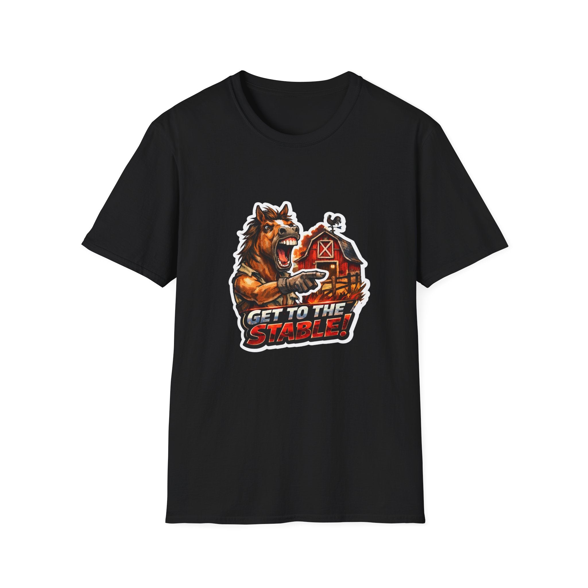 Get to the Stable! Action Hero Horse T-Shirt | Predator Arnold Parody Horse Graphic Tee | Mane Event Collection by PetPulse