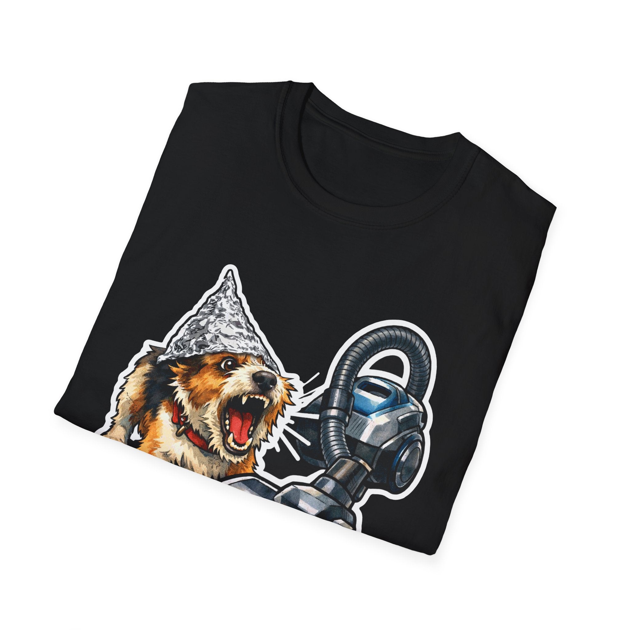 The Vacuum Is Listening Funny Conspiracy Terrier Mix T-Shirt | Pet-Spiracy Theorist Collection by PetPulse