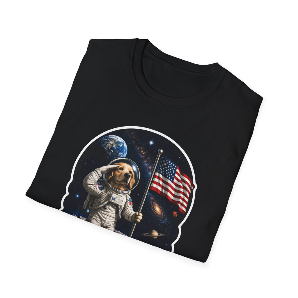 The Bark Side of the Moon Funny Astronaut Golden Retriever Flag T-Shirt | Cosmic Encounters Collection by PetPulse