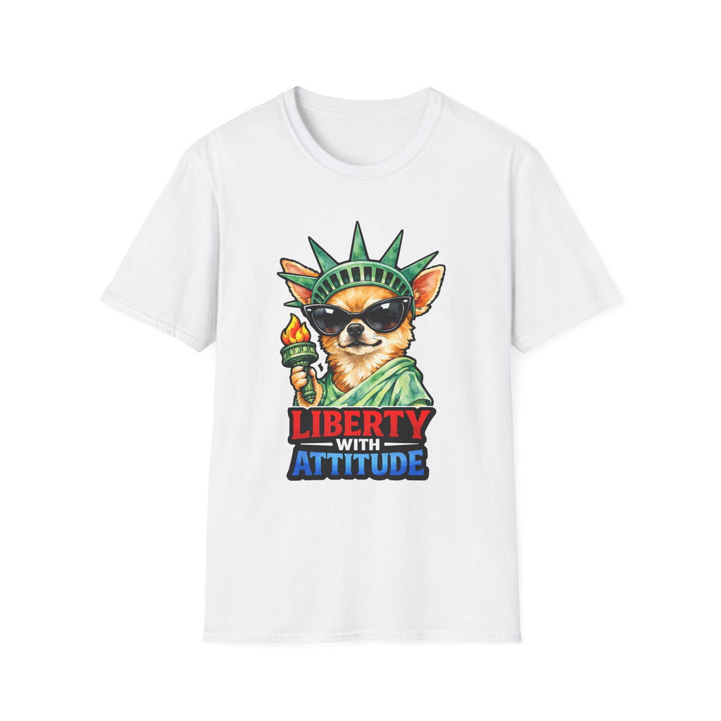 Liberty With Attitude Funny Chihuahua Sunglasses Statue of Liberty T-Shirt | Lady Liberty Pups Collection by PetPulse
