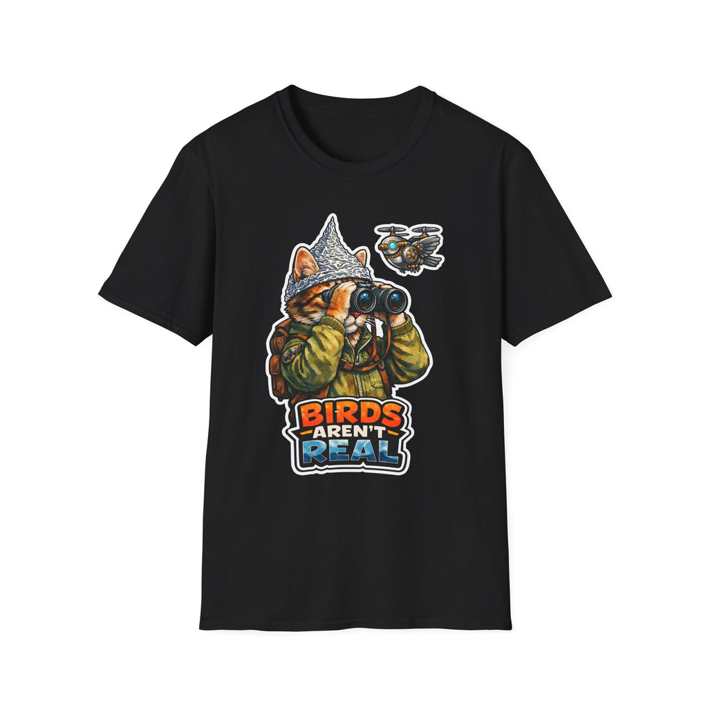 Birds Aren’t Real Funny Conspiracy Cat in Camo T-Shirt | Cat-Spiracy Theorist Series | Pet-Spiracy Theorist Collection by PetPulse
