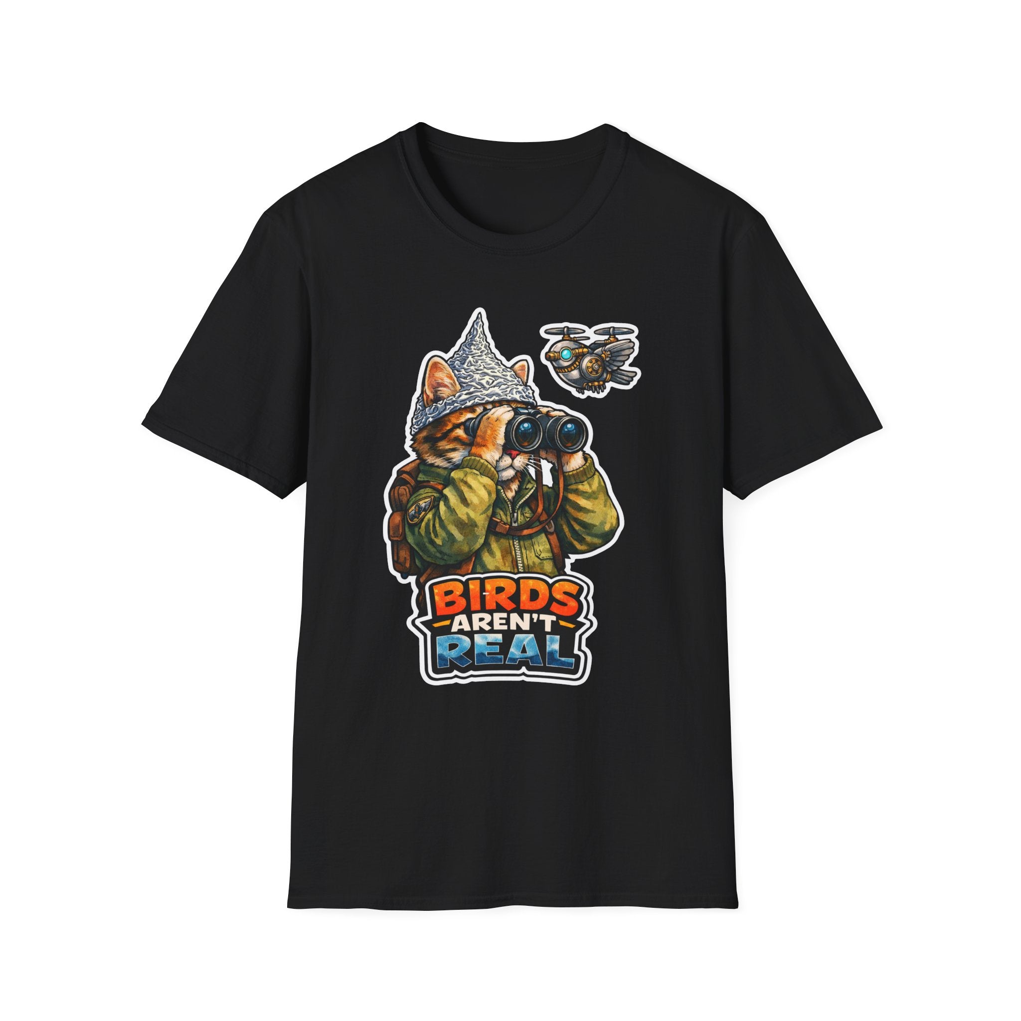 Birds Aren’t Real Funny Conspiracy Cat in Camo T-Shirt | Cat-Spiracy Theorist Series | Pet-Spiracy Theorist Collection by PetPulse