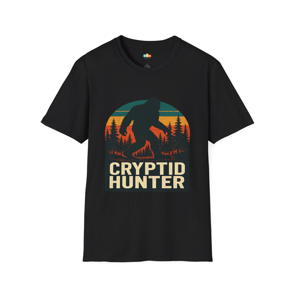 Cryptid Hunter T-Shirt - Funny Bigfoot Sasquatch Forest Search Vintage Retro Sunset Outdoor Adventure Tee