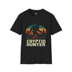 Cryptid Hunter T-Shirt - Funny Bigfoot Sasquatch Forest Search Vintage Retro Sunset Outdoor Adventure Tee