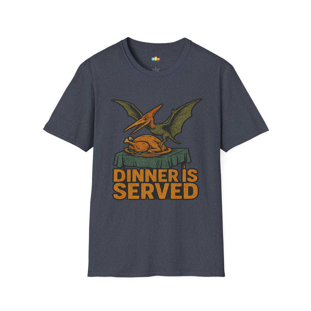 Dinner Is Served Pterodactyl Thanksgiving T-Shirt - Funny Flying Dinosaur Turkey Day Prehistoric Holiday Feast Tee