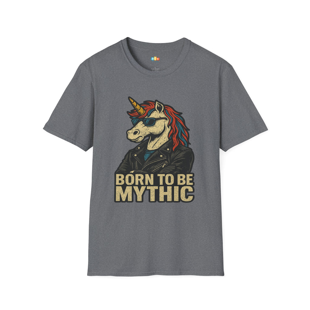 Born to Be Mythic Unicorn T-Shirt - Funny Cool Leather Jacket Biker Fantasy Magic Rebel Graphic Tee
