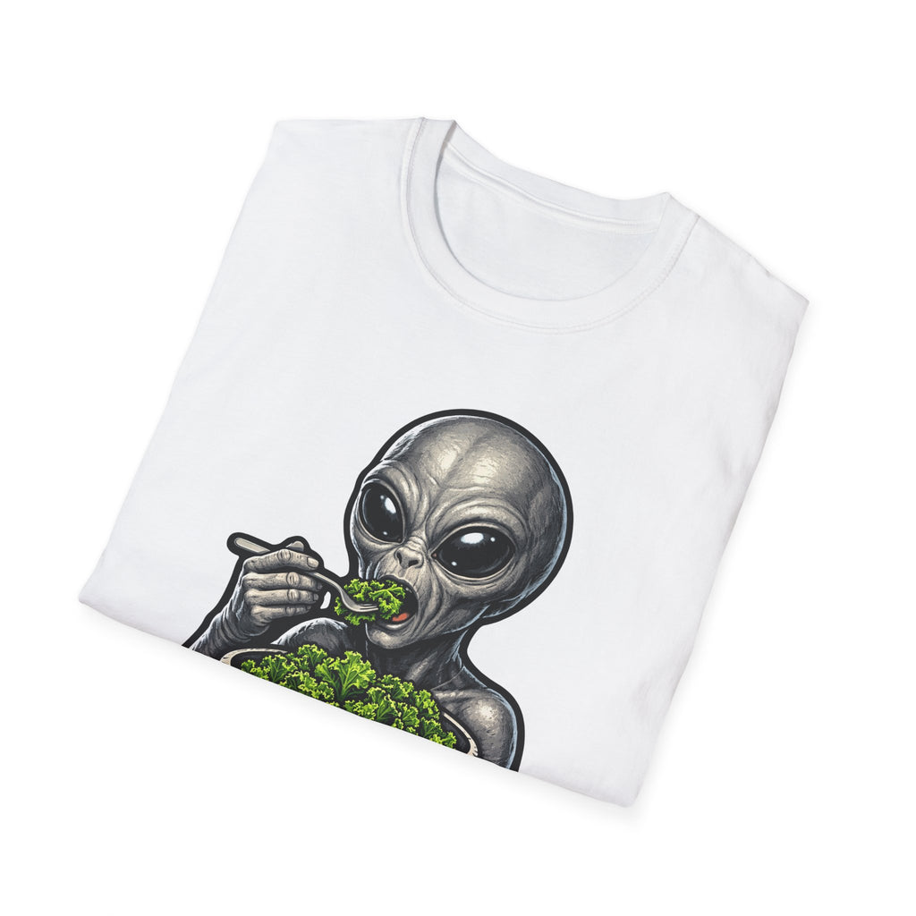 Leafy Lunar Lunch Funny Alien Eating Kale from Moon Bowl T-Shirt | Cosmic Encounters Collection by PetPulse