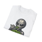 Leafy Lunar Lunch Funny Alien Eating Kale from Moon Bowl T-Shirt | Cosmic Encounters Collection by PetPulse