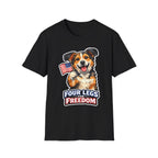 Four Legs For Freedom Patriotic Mixed Breed Dog T-Shirt | Rescue Mutt Waving American Flag Graphic Tee | Uncle Sam Pups