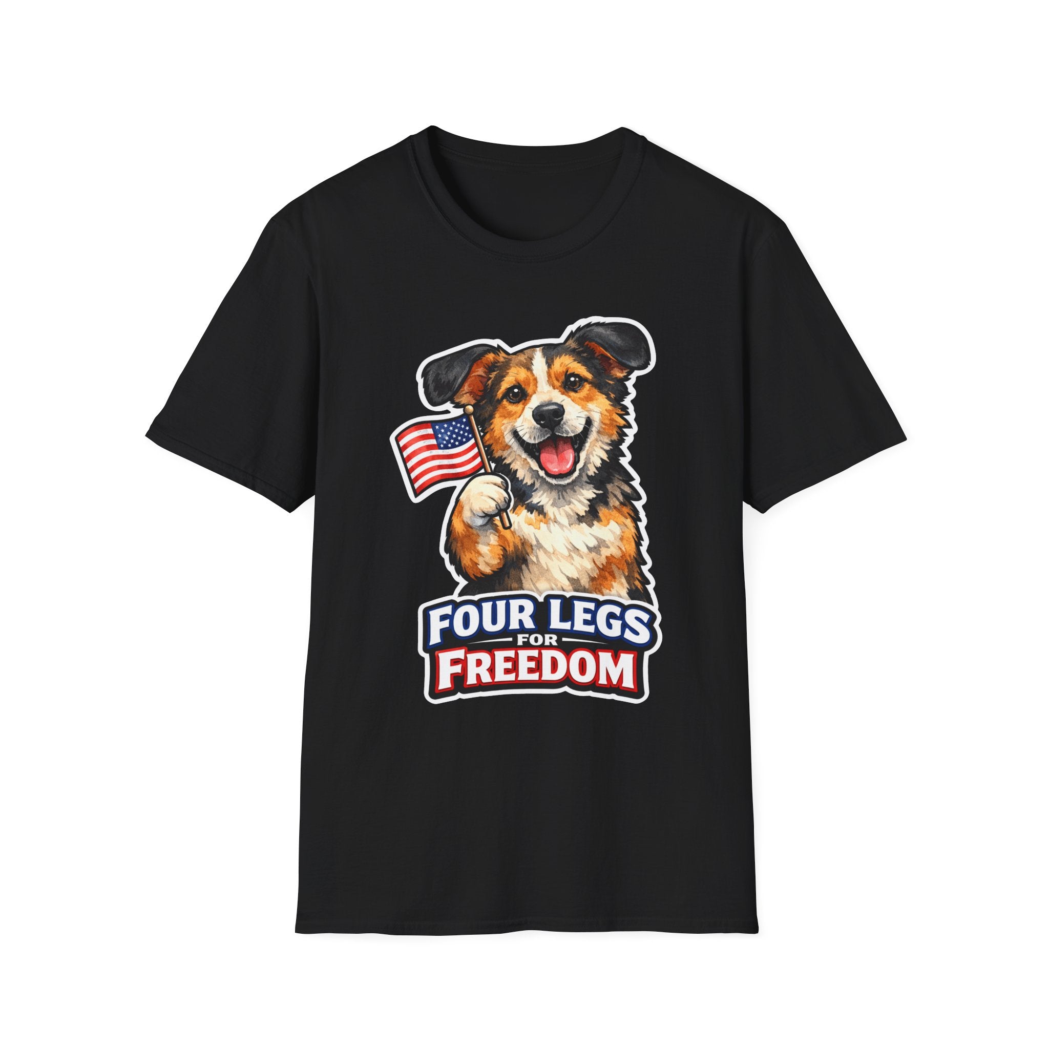 Four Legs For Freedom Patriotic Mixed Breed Dog T-Shirt | Rescue Mutt Waving American Flag Graphic Tee | Uncle Sam Pups