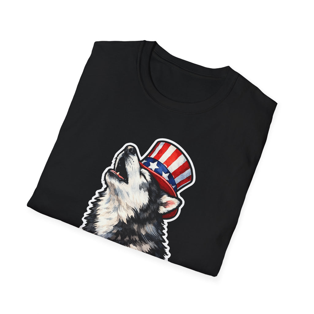 I Woof for Freedom Patriotic Howling Husky T-Shirt | Uncle Sam Siberian Husky Graphic Tee | Uncle Sam Pups