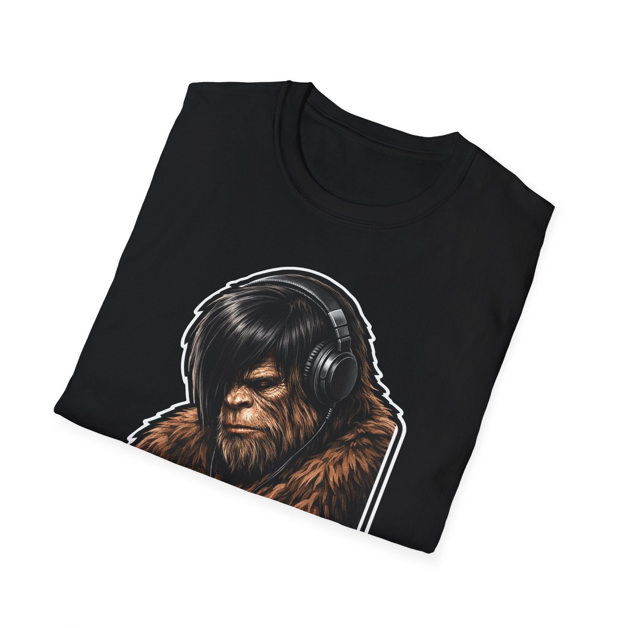 Melancholy Monster Emo Bigfoot T-Shirt - Headphones Sasquatch Music Lover Tee for Cryptid Fans