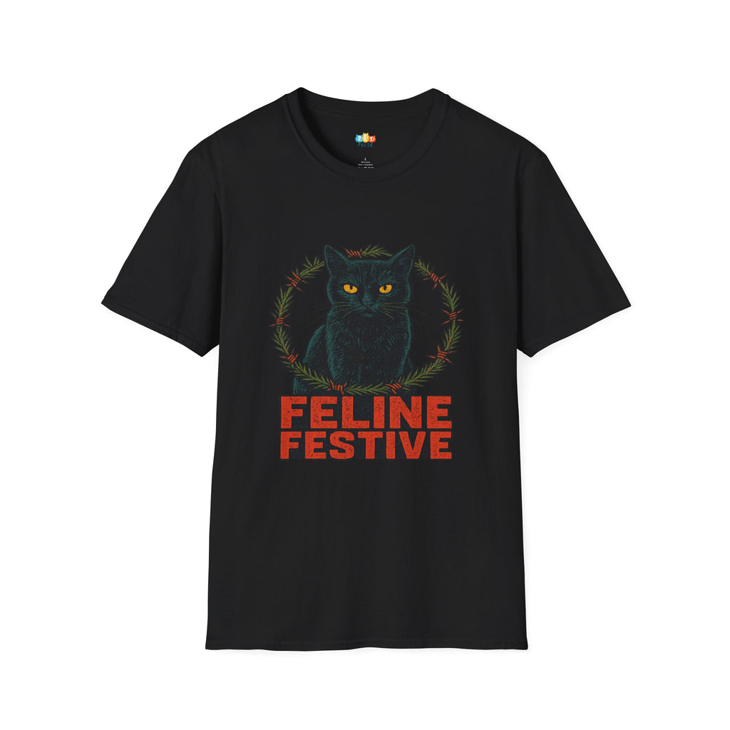 Feline Festive Christmas T-Shirt - Black Cat Holiday Wreath Vintage Christmas Spirit Xmas Tee