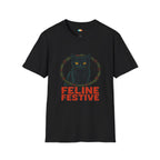 Feline Festive Christmas T-Shirt - Black Cat Holiday Wreath Vintage Christmas Spirit Xmas Tee
