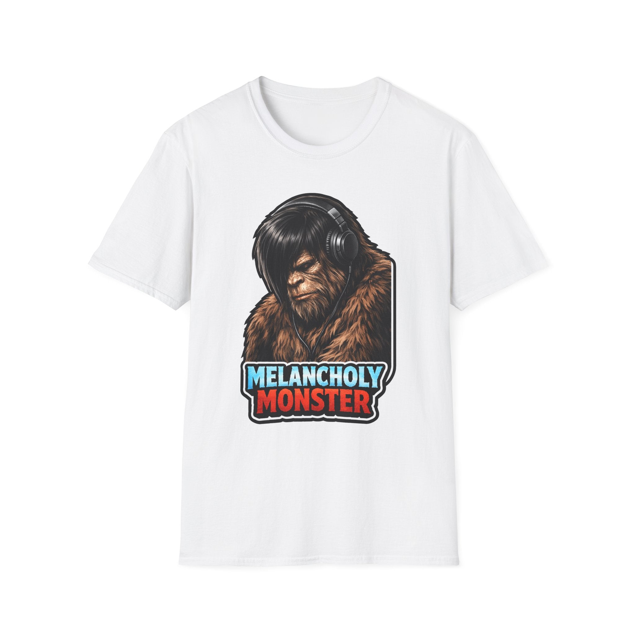 Melancholy Monster Emo Bigfoot T-Shirt - Headphones Sasquatch Music Lover Tee for Cryptid Fans