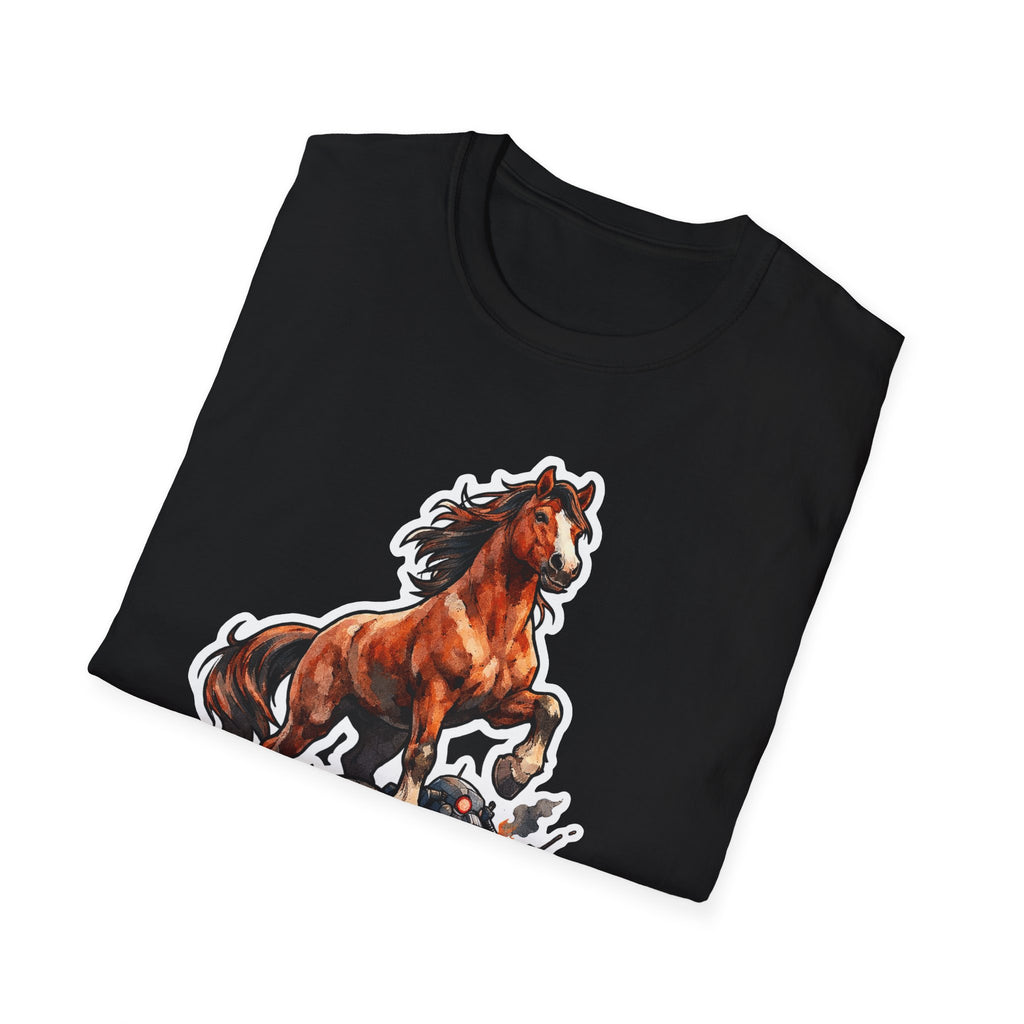 I Am a One-Horse Army Action Hero Horse T-Shirt | Robot Wreckage Victorious Horse Graphic Tee | Mane Event Collection by PetPulse