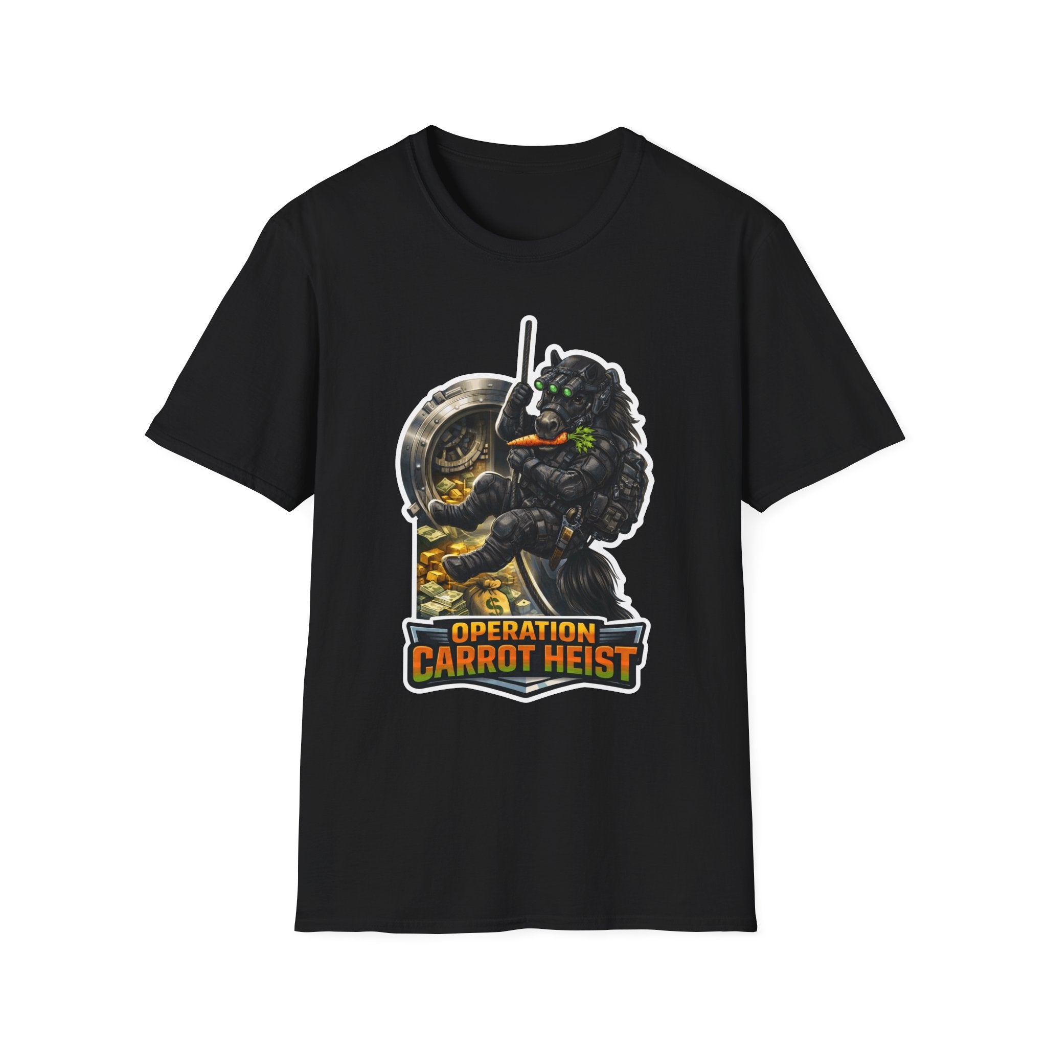 Operation Carrot Heist Action Hero Horse T-Shirt | Special Ops Tactical Black Horse Graphic Tee | Mane Event Collection by PetPulse