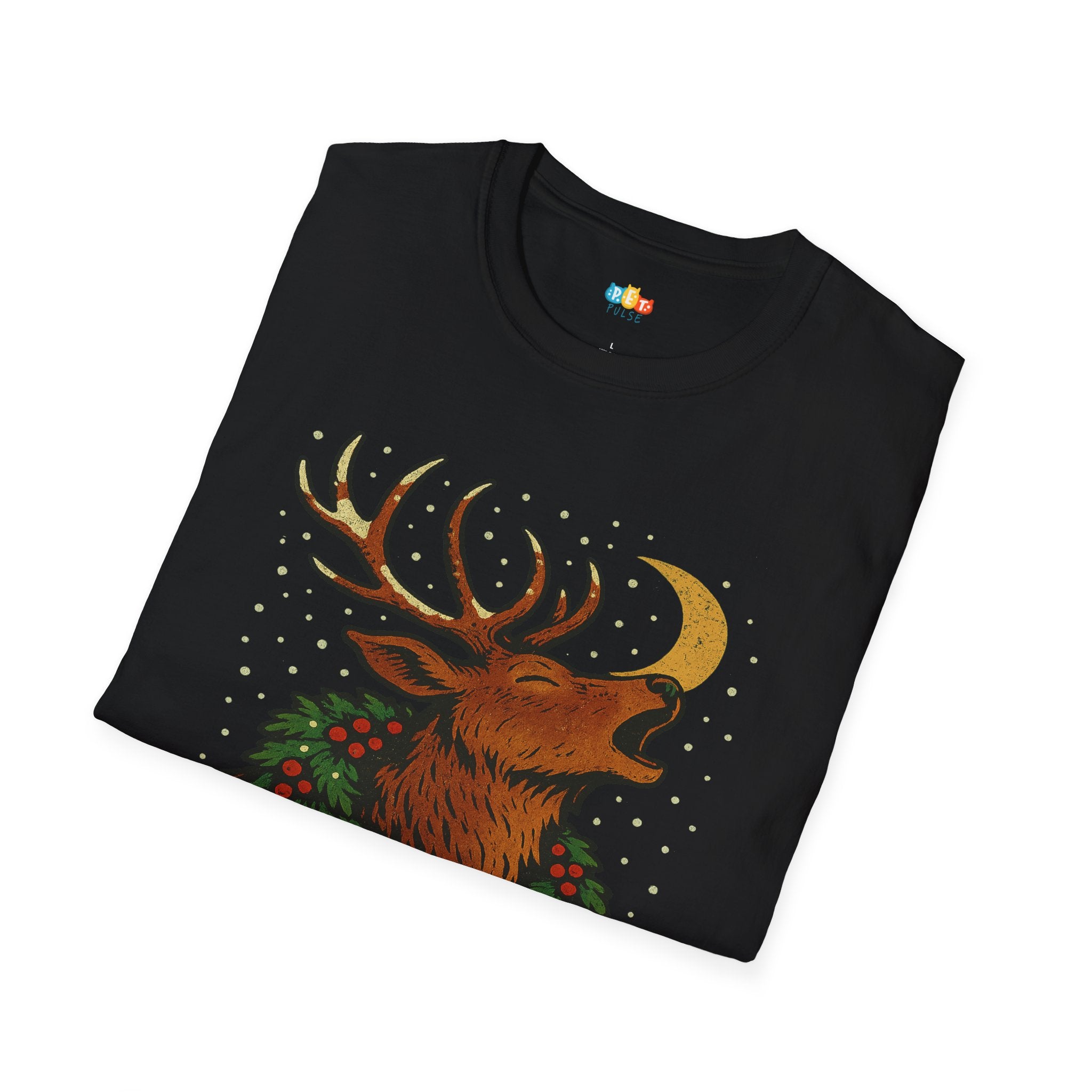 Antlers In Harmony Christmas T-Shirt - Vintage Woodland Deer Caroler Holiday Holly Wreath Moon Xmas Tee
