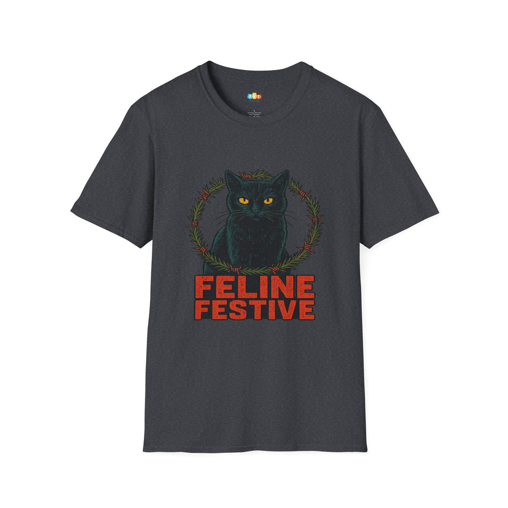 Feline Festive Christmas T-Shirt - Black Cat Holiday Wreath Vintage Christmas Spirit Xmas Tee