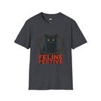 Feline Festive Christmas T-Shirt - Black Cat Holiday Wreath Vintage Christmas Spirit Xmas Tee