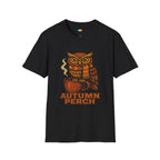 Autumn Perch Owl Coffee T-Shirt - Funny Fall Cozy Seasonal Bird Lover Caffeine Addict Woodland Graphic Tee