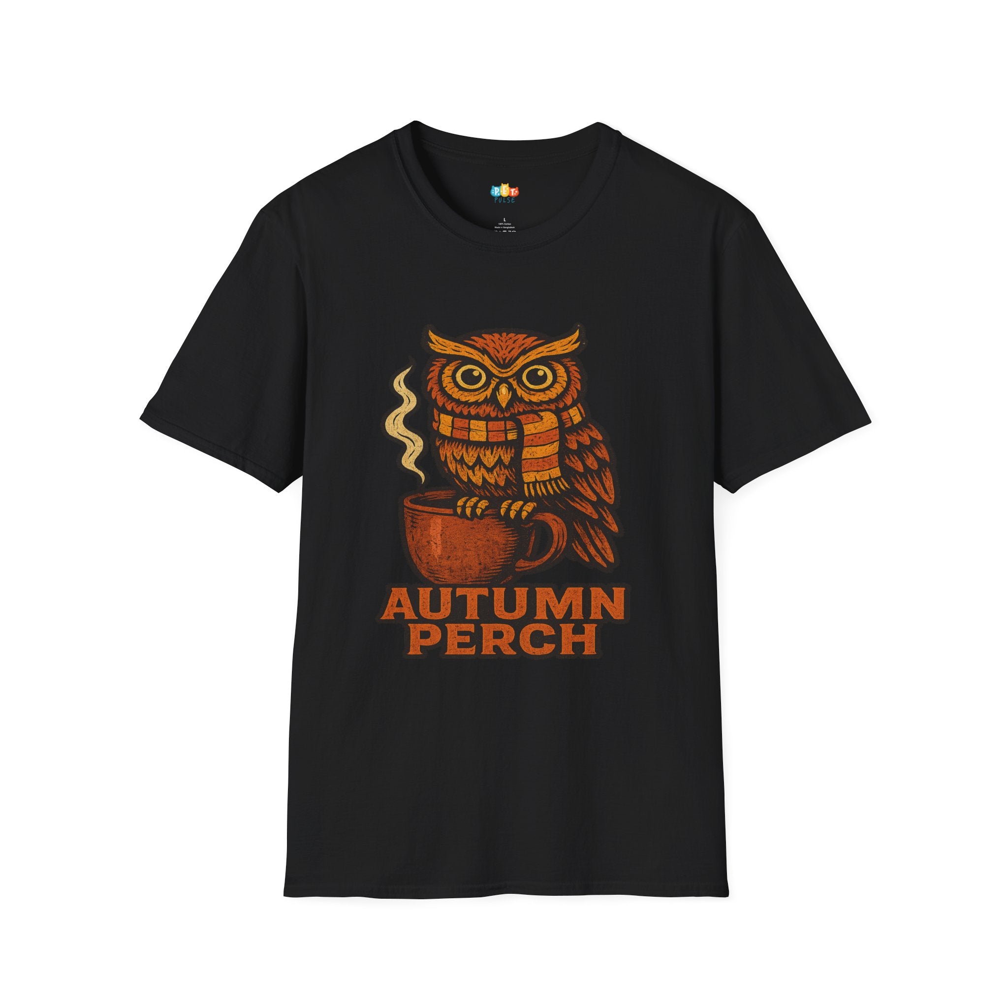 Autumn Perch Owl Coffee T-Shirt - Funny Fall Cozy Seasonal Bird Lover Caffeine Addict Woodland Graphic Tee