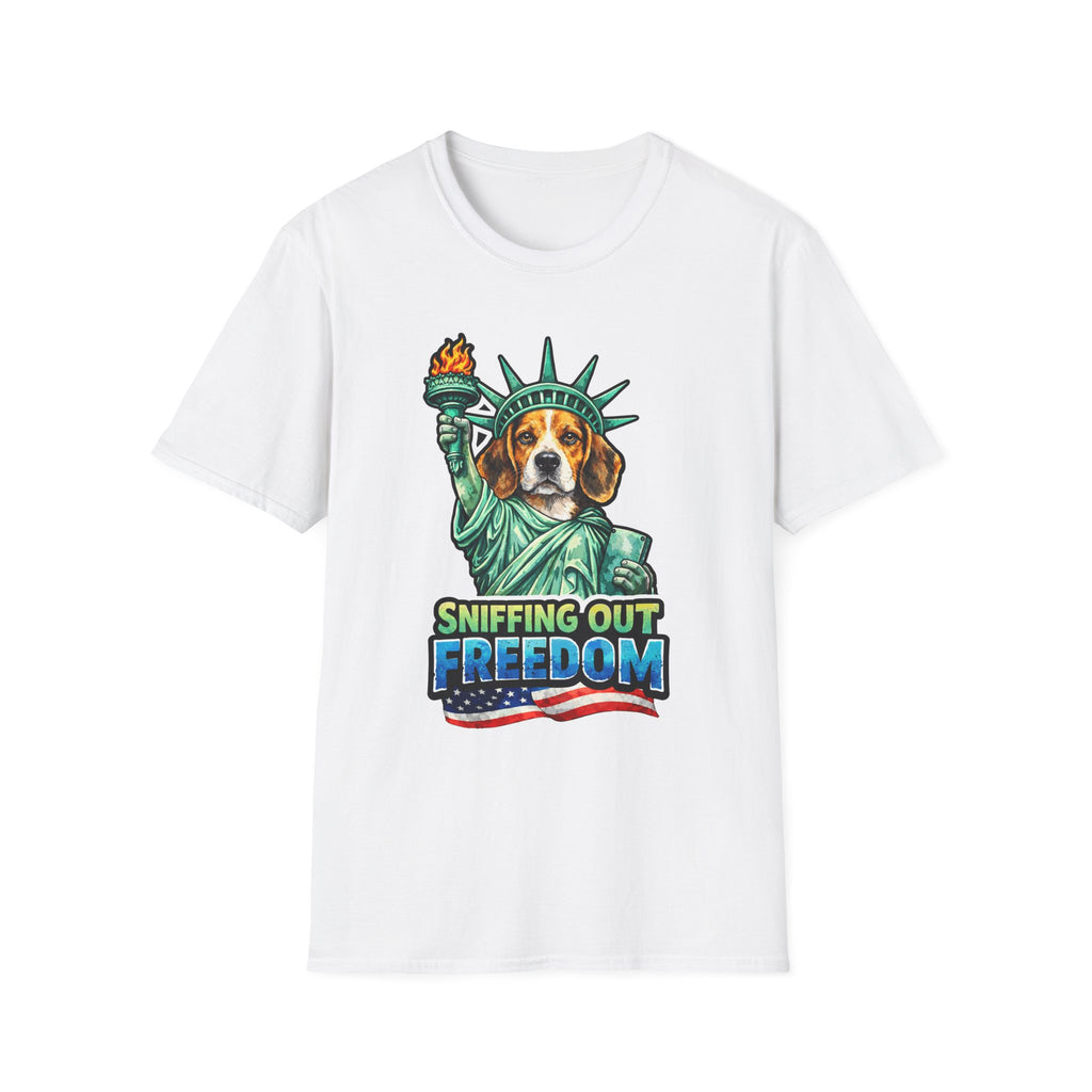 Sniffing Out Freedom Funny Beagle Statue of Liberty T-Shirt | Lady Liberty Pups Collection by PetPulse