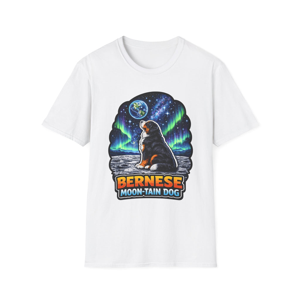 Bernese Moon-tain Dog Funny Bernese Mountain Dog on the Moon T-Shirt | Cosmic Encounters Collection by PetPulse