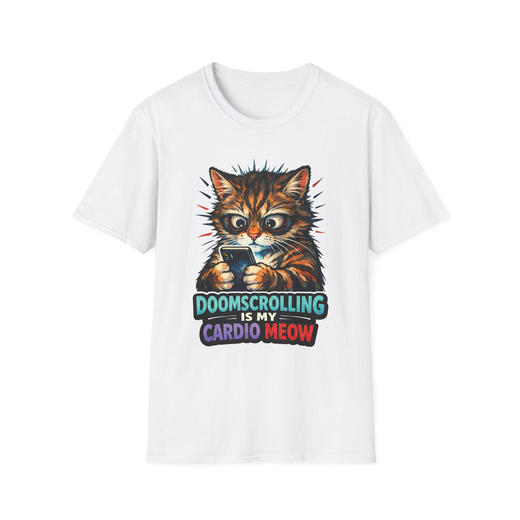 Doomscrolling Is My Cardio Meow Funny Cat Fitness Pun T-Shirt | Tech Pack Collection by PetPulse