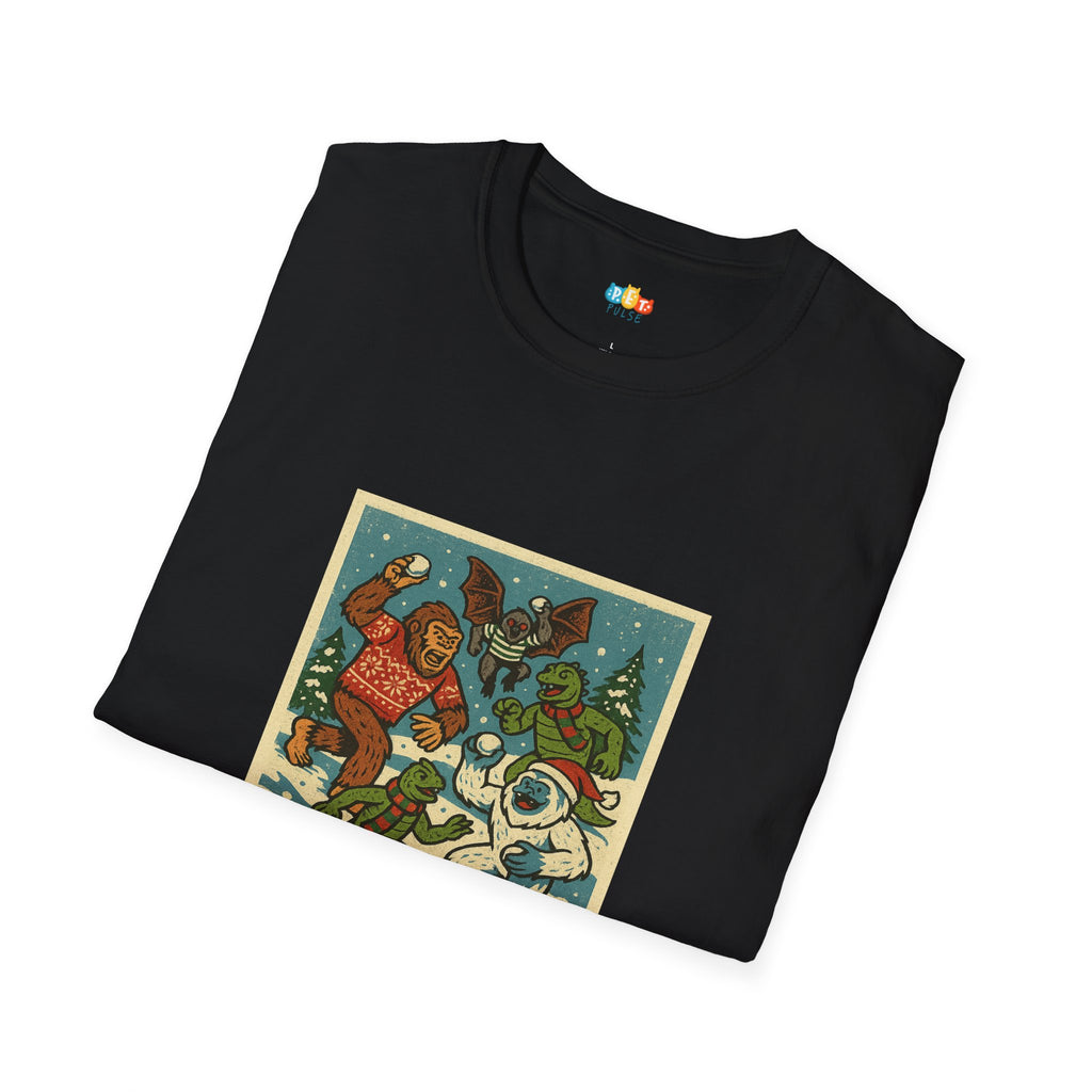 The Myths Are Merry Christmas T-Shirt - Funny Holiday Cryptid Squad Bigfoot Yeti Chupacabra Mothman Xmas Tee