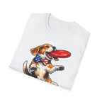 Patriotism Unleashed Funny Beagle Frisbee T-Shirt | Patriotic Beagle Catching Red Disc Graphic Tee | Uncle Sam Pups