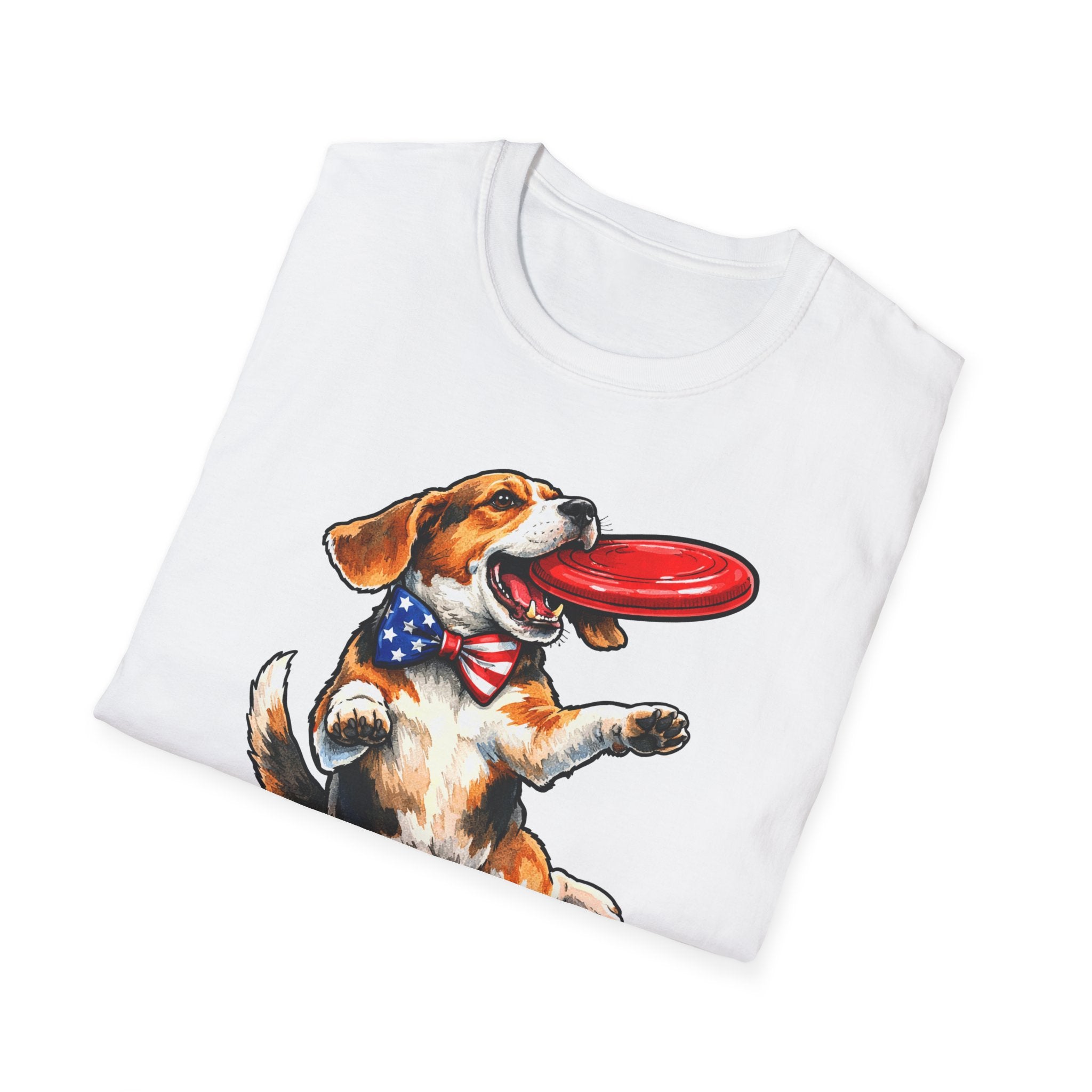 Patriotism Unleashed Funny Beagle Frisbee T-Shirt | Patriotic Beagle Catching Red Disc Graphic Tee | Uncle Sam Pups