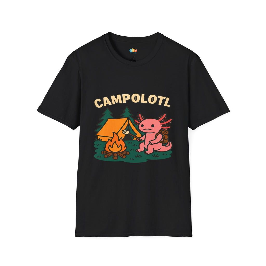 Campolotl Cute Axolotl Camping T-Shirt - Funny Animal Pun Outdoor Adventure Nature Hiker Tee