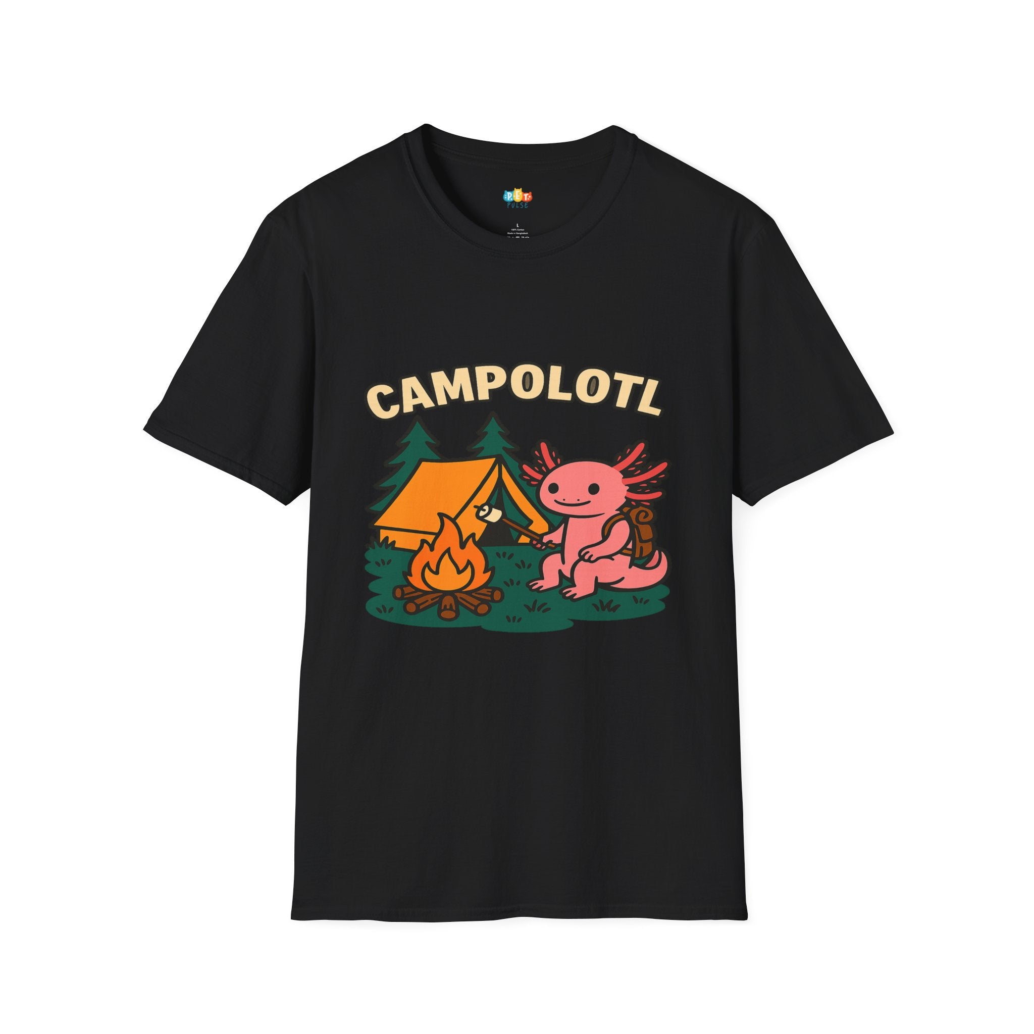 Campolotl Cute Axolotl Camping T-Shirt - Funny Animal Pun Outdoor Adventure Nature Hiker Tee