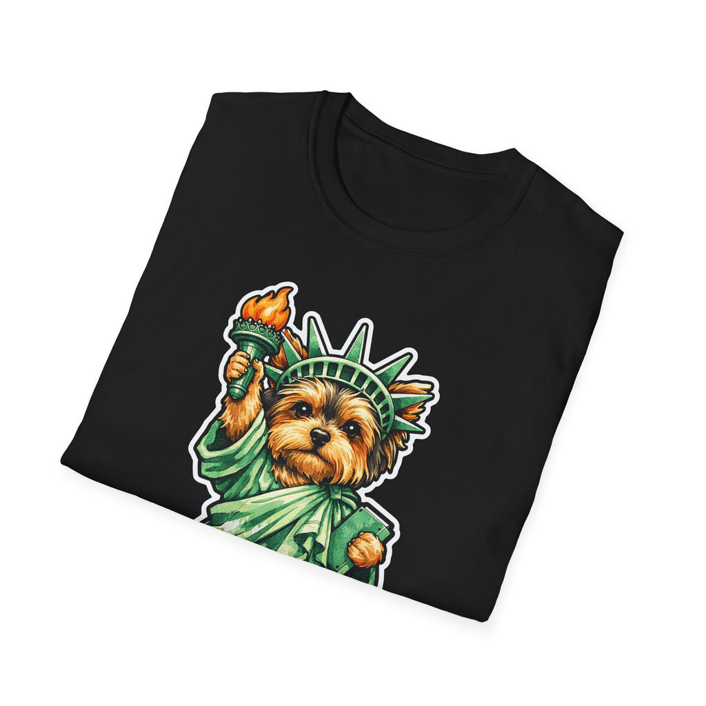 Small Dog Big Liberty Funny Yorkie Statue of Liberty T-Shirt | Lady Liberty Pups Collection by PetPulse