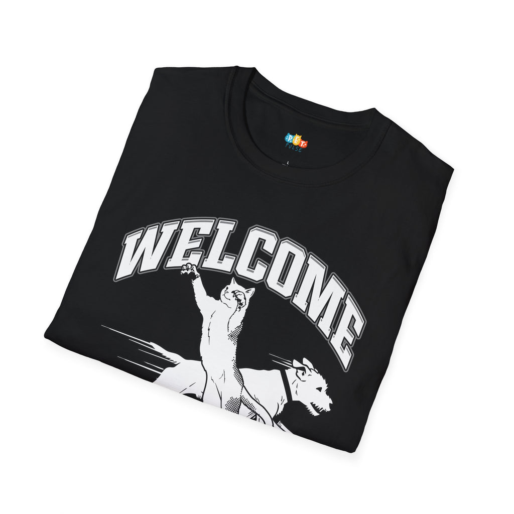 Welcome To Our Home Population Unhinged T-Shirt - Funny Multi Pet Owner Cat Dog Chaos Household Humor Tee