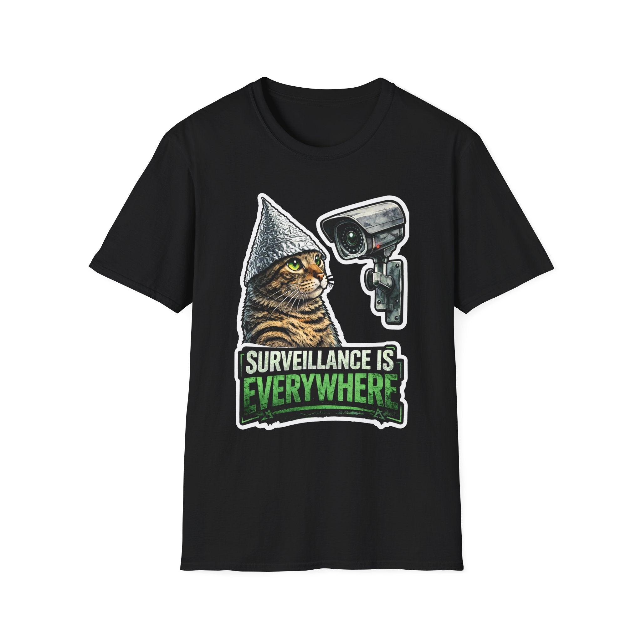 Surveillance Is Everywhere Funny Conspiracy Cat with Security Camera T-Shirt | Cat-Spiracy Theorist Series | Pet-Spiracy Theorist Collection by PetPulse