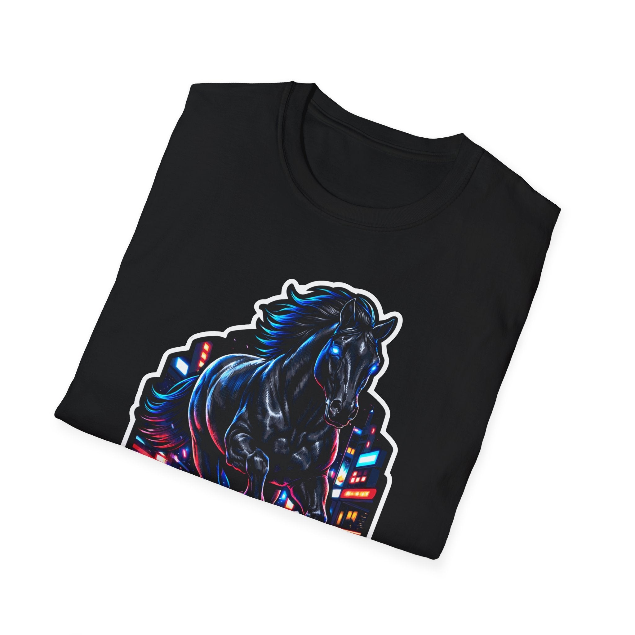 On My Way to Save the Day Action Hero Horse T-Shirt | Neon Black Stallion Superhero Graphic Tee | Mane Event Collection by PetPulse