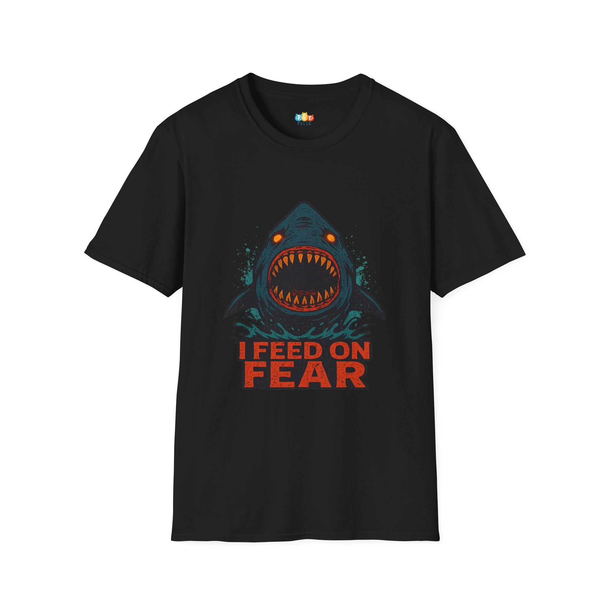"I Feed On Fear" Vintage Shark Dominance T-Shirt - Retro Glowing Eyes Terror Tee
