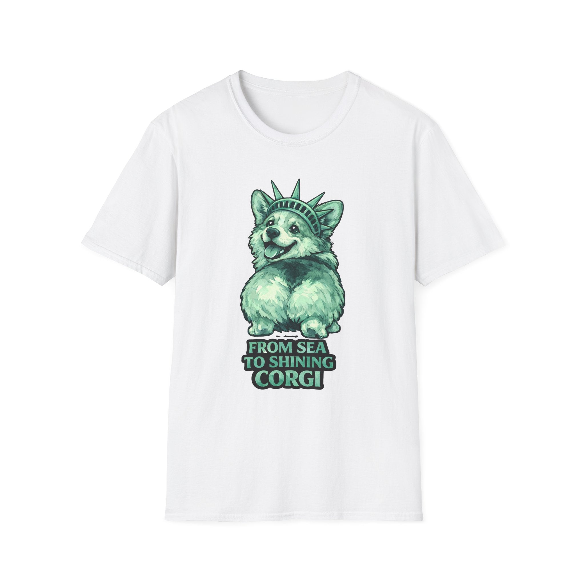 From Sea to Shining Corgi Funny Corgi Butt Statue of Liberty T-Shirt | Lady Liberty Pups Collection by PetPulse