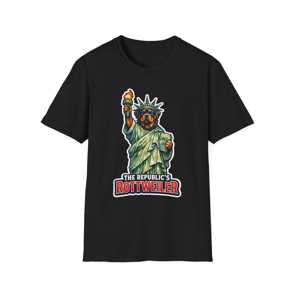 The Republic's Rottweiler Funny Rottweiler Statue of Liberty T-Shirt | Lady Liberty Pups Collection by PetPulse